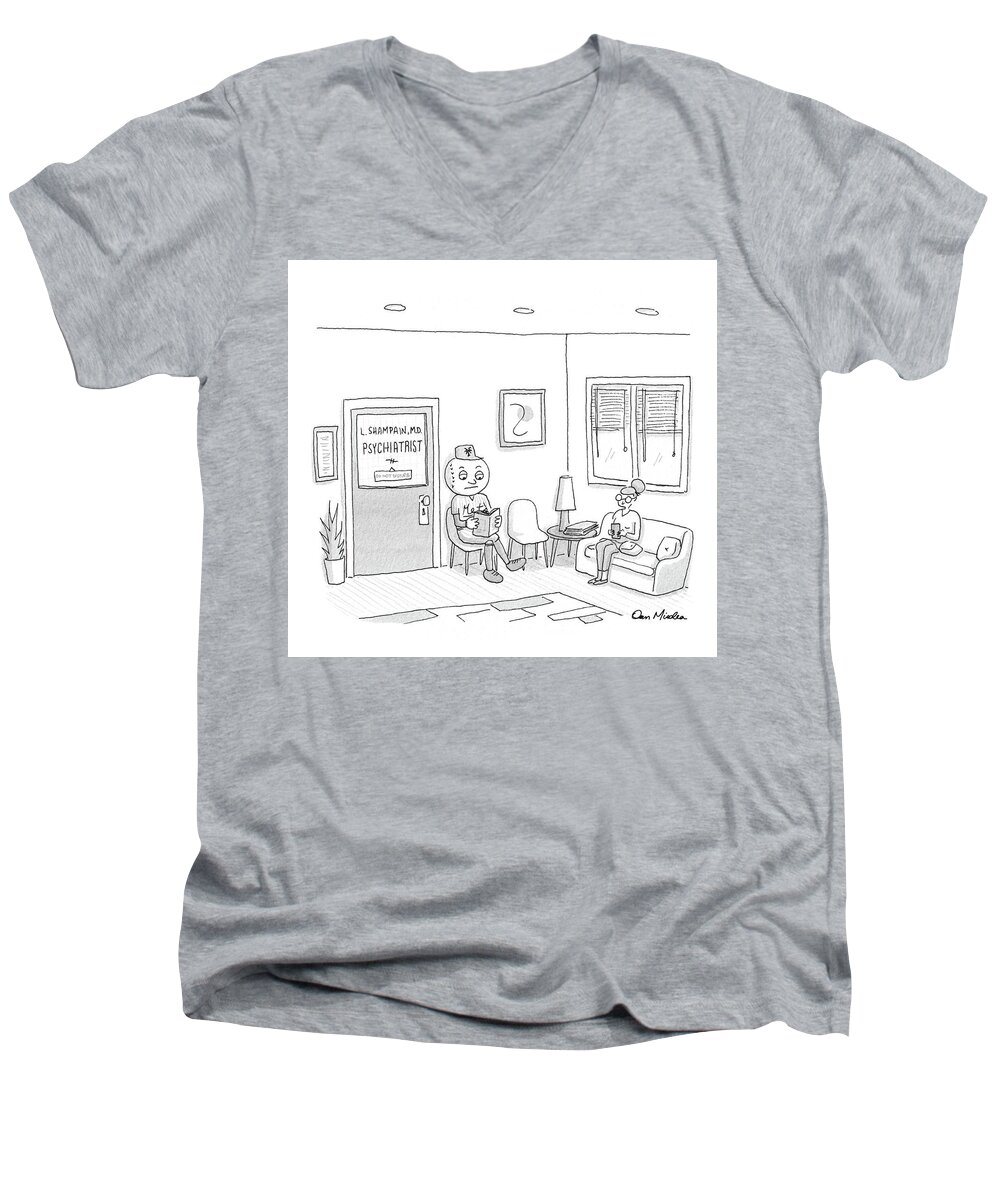 Captionless Men's V-Neck T-Shirt featuring the drawing Mr. Met sees a Psychiatrist by Dan Misdea