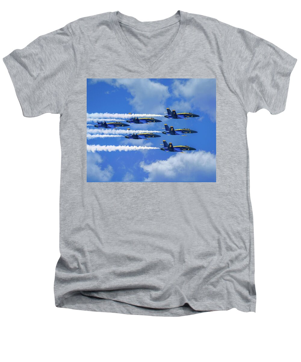 Blue Angels Show Men's V-Neck T-Shirt featuring the photograph Navy Blue Angels Airshow With Smoke Trails on Cloudy Day by Robert Bellomy
