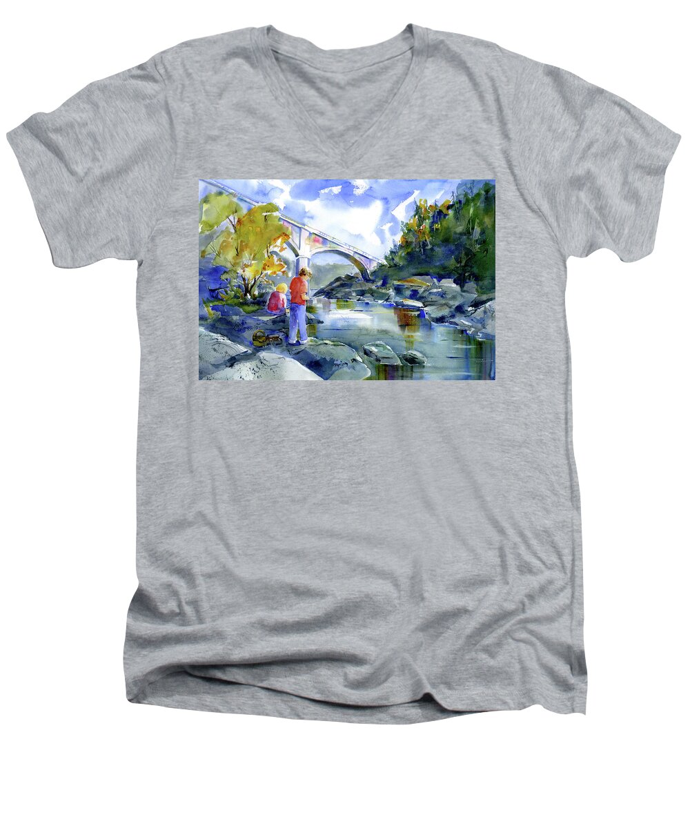 No Hands Bridge Men's V-Neck T-Shirt featuring the painting NoHands Fishing#1 by Joan Chlarson