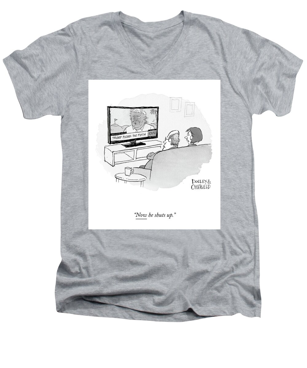 “now He Shuts Up.” Men's V-Neck T-Shirt featuring the drawing Now He Shuts Up by Jason Chatfield and Scott Dooley