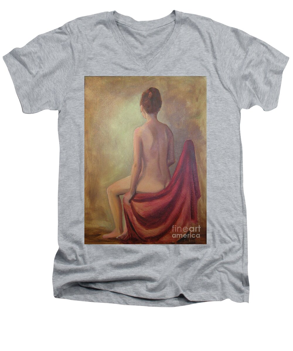 Female Men's V-Neck T-Shirt featuring the painting Nude in Mist by Lilibeth Andre
