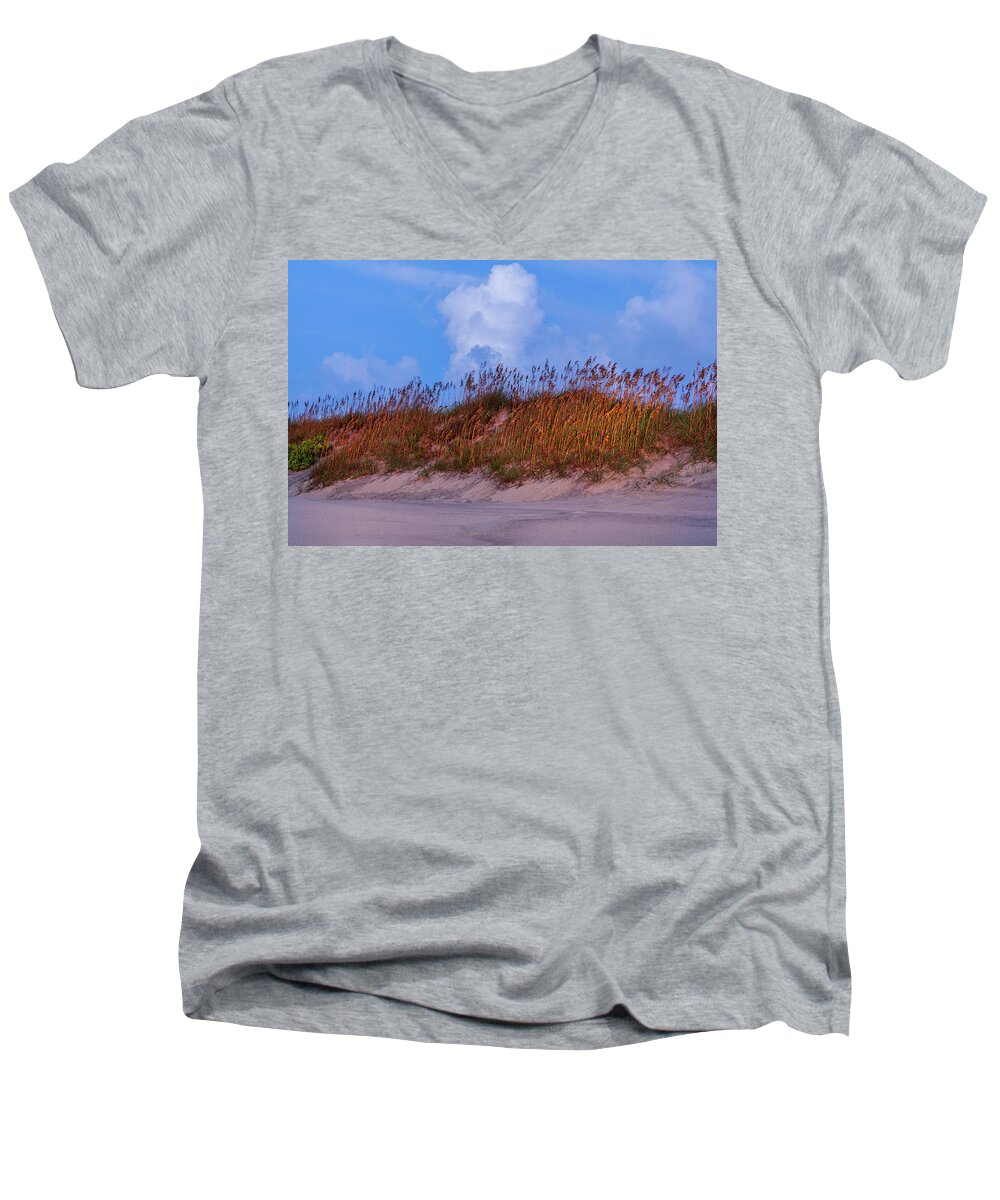 Beach Men's V-Neck T-Shirt featuring the photograph Outer Banks Glowing Sea Oats 81 by Dan Carmichael