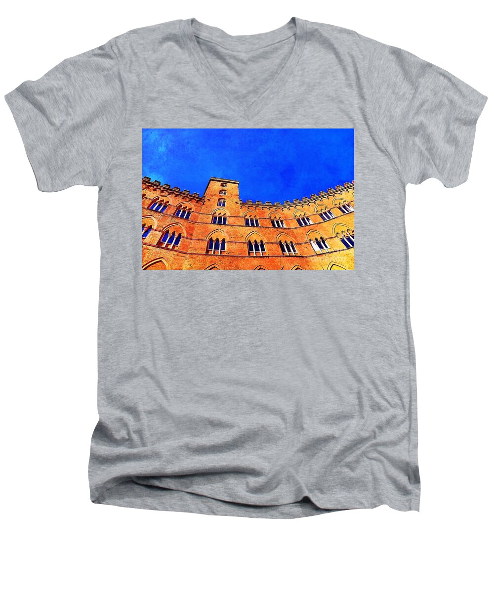 Historic Architectue Men's V-Neck T-Shirt featuring the photograph Palazzo Sansedoni in Piazza del Campo Siena by Ramona Matei