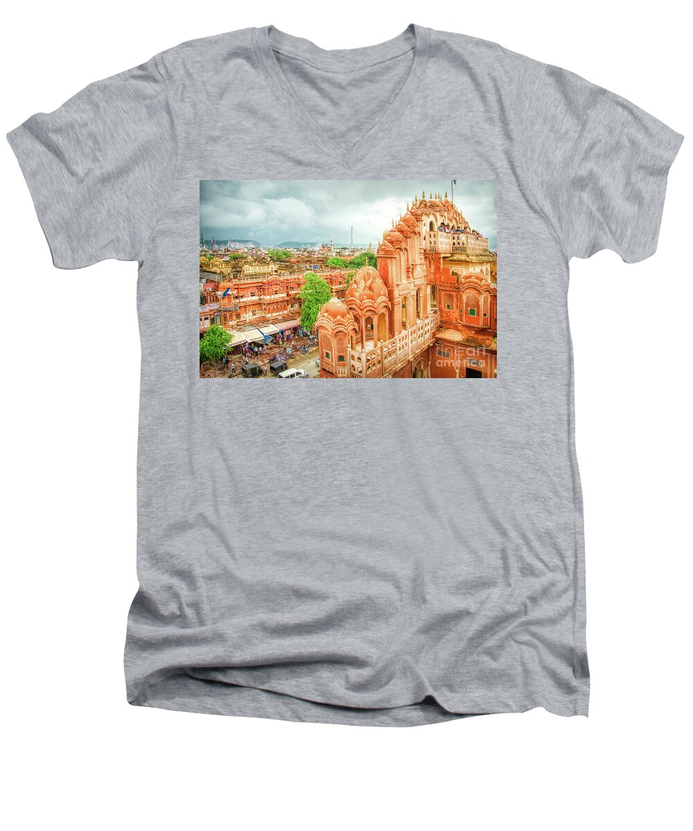 Jaipur Men's V-Neck T-Shirt featuring the photograph Panorama From Hawa Mahal Jaipur Rajasthan India by Stefano Senise