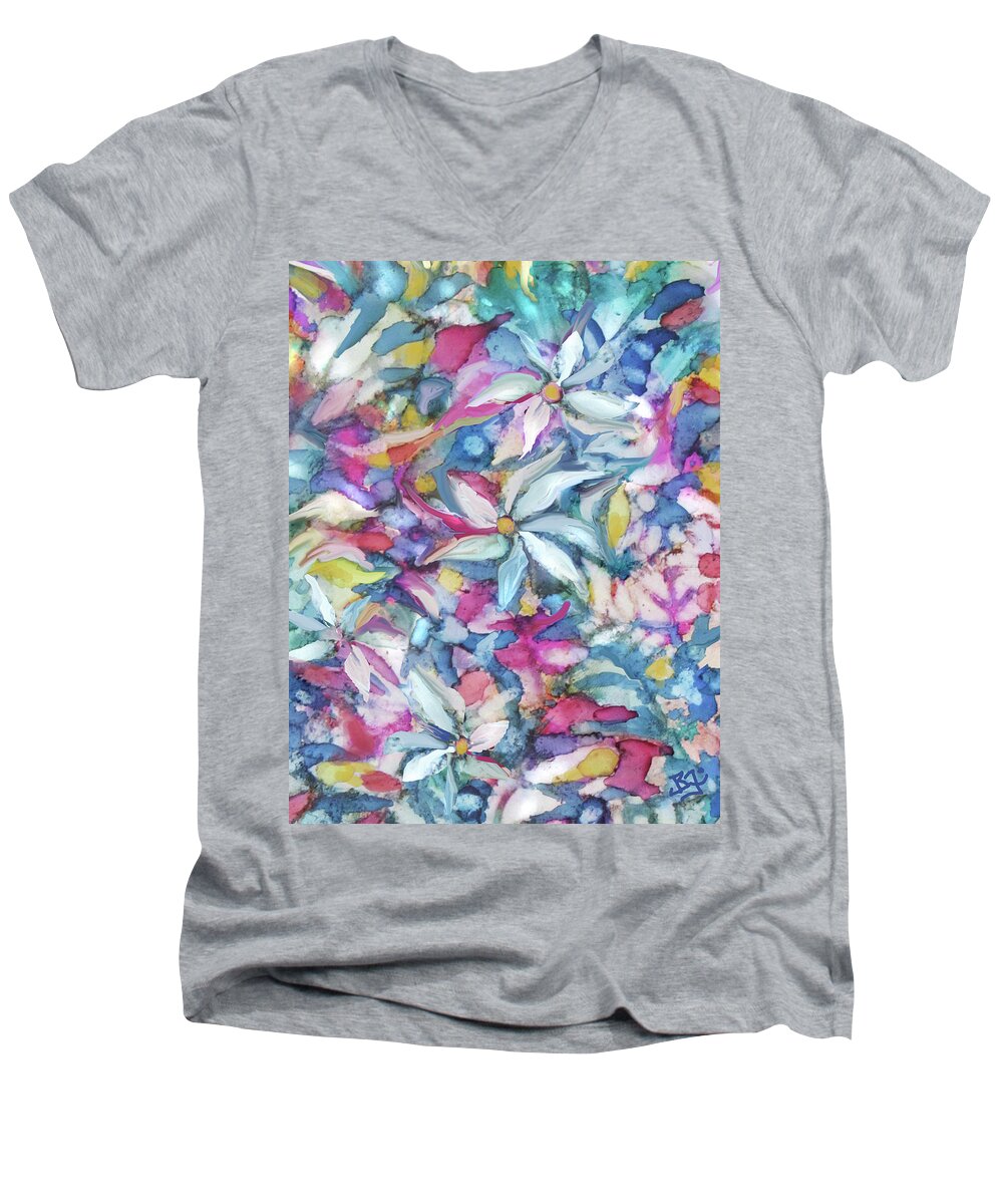 Flower Pattern Men's V-Neck T-Shirt featuring the digital art Pattern-Abstract Daisies by Jean Batzell Fitzgerald