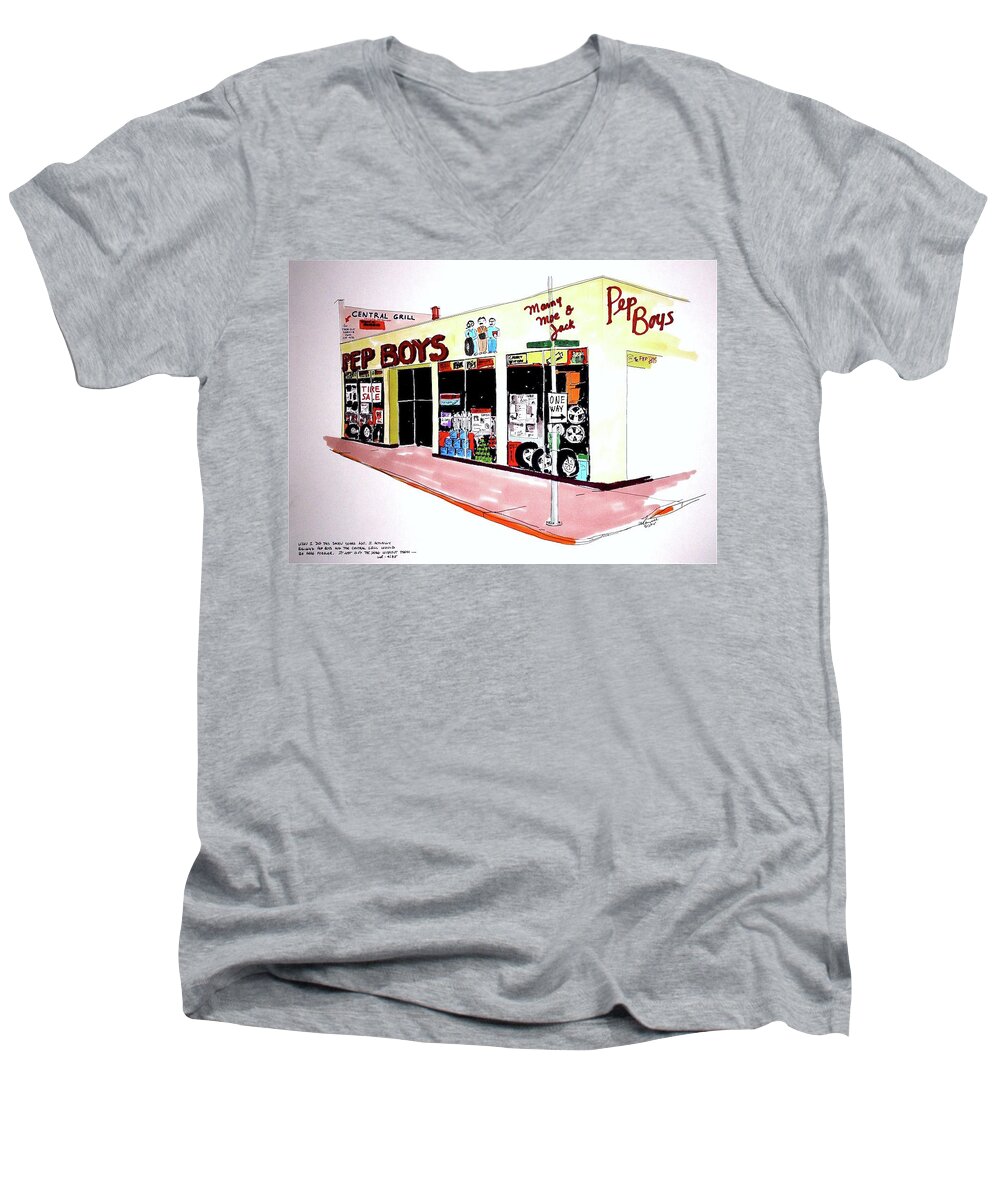 Graphic Men's V-Neck T-Shirt featuring the drawing Pep Boys by William Renzulli