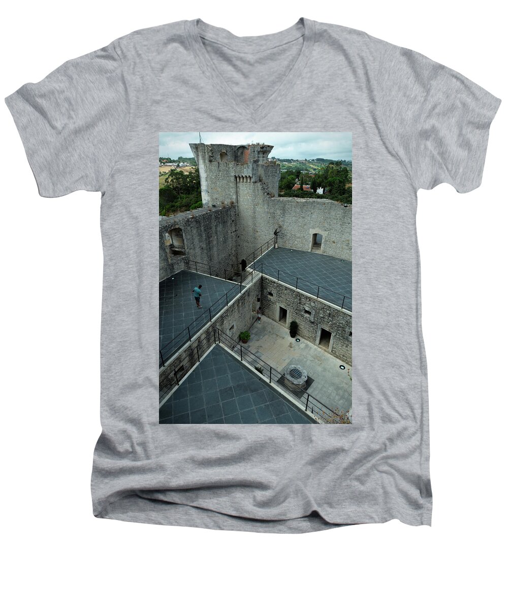 Porto-de-mos Men's V-Neck T-Shirt featuring the photograph Perspective in Porto De Mos Castle by Angelo DeVal