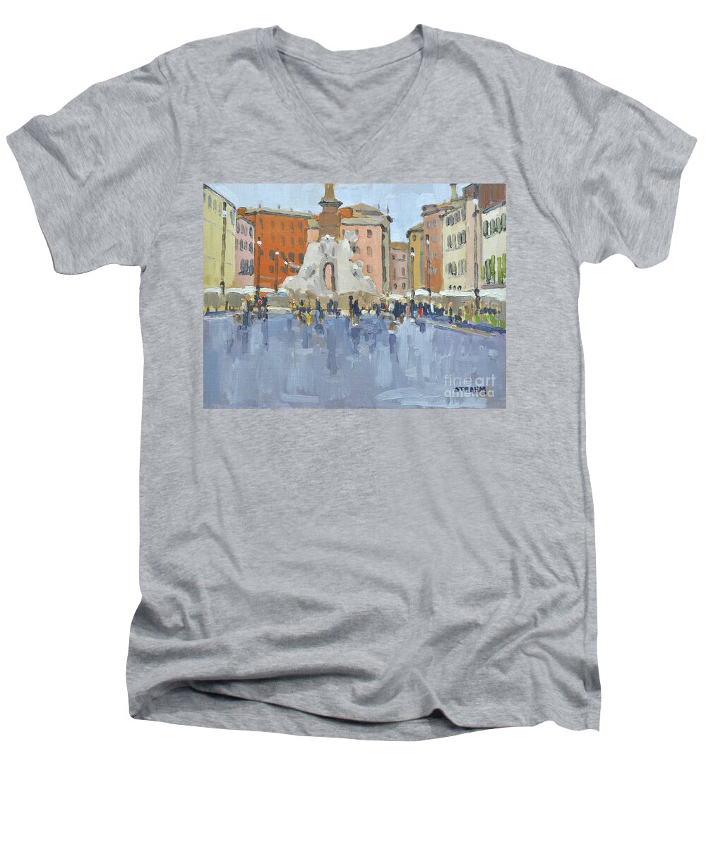 Piazza Men's V-Neck T-Shirt featuring the painting Piazza Navona - Rome, Italy by Paul Strahm