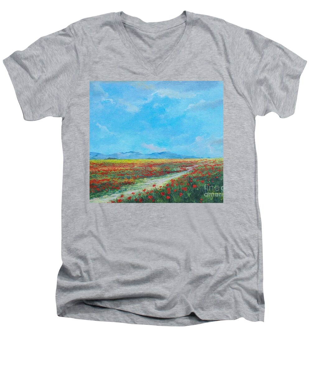 Poppy Field Men's V-Neck T-Shirt featuring the painting Poppy Field by Sinisa Saratlic