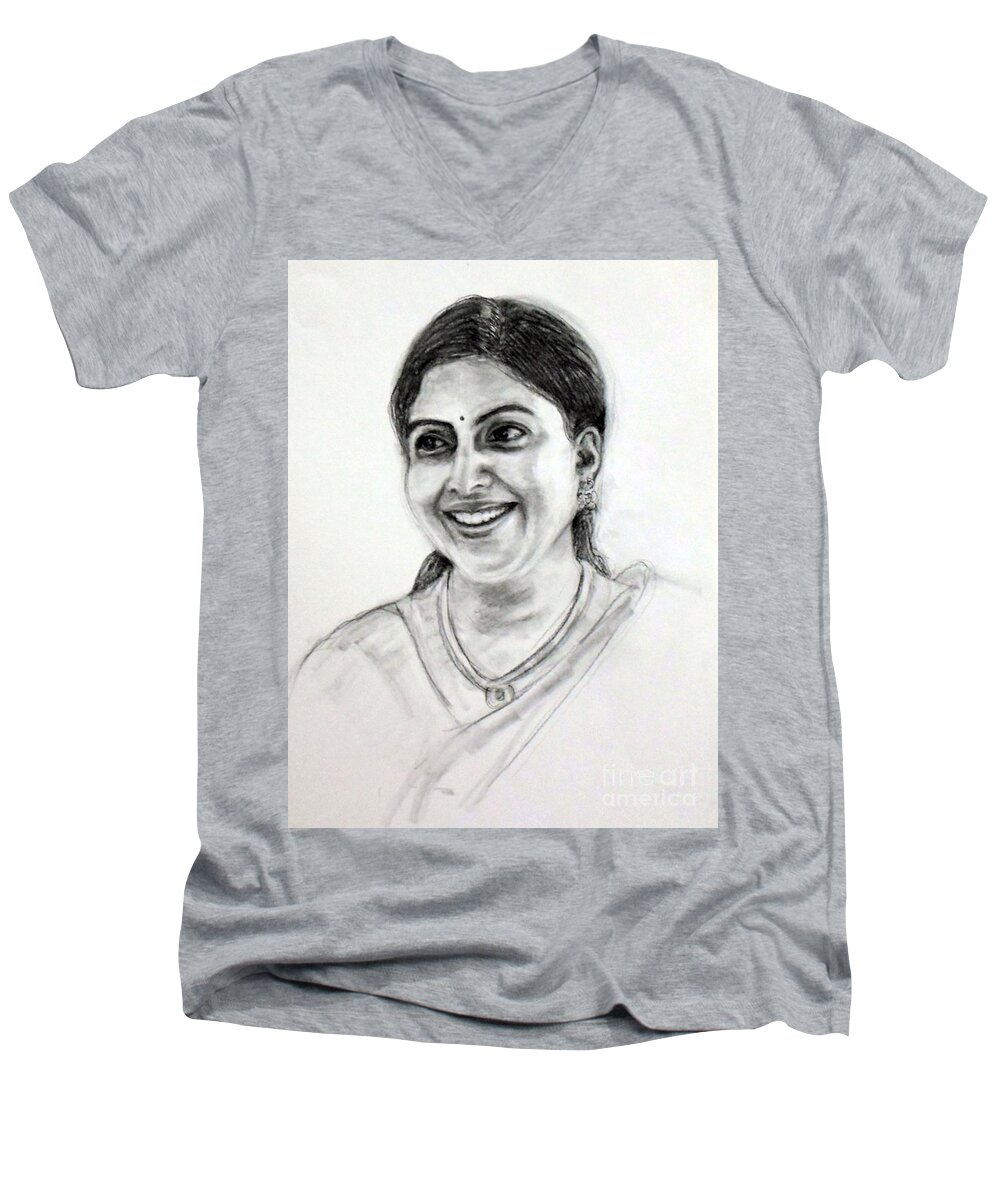 Portrait Men's V-Neck T-Shirt featuring the drawing Pretty smile by Asha Sudhaker Shenoy