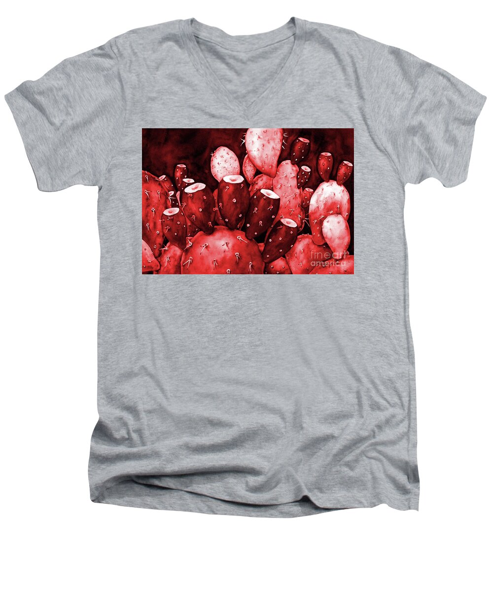 Cactus Men's V-Neck T-Shirt featuring the painting Prickly Pear in Red by Hailey E Herrera