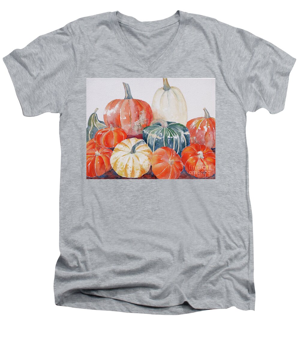 Realism Men's V-Neck T-Shirt featuring the painting Pumpkins And Squash by Pat Katz