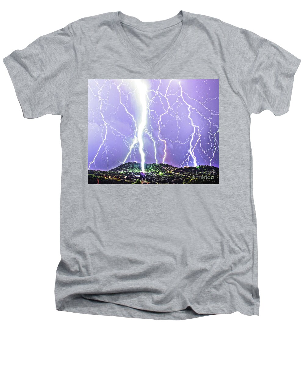 Purple Rain Lightning Men's V-Neck T-Shirt featuring the photograph Purple Rain Lightning by Michael Tidwell