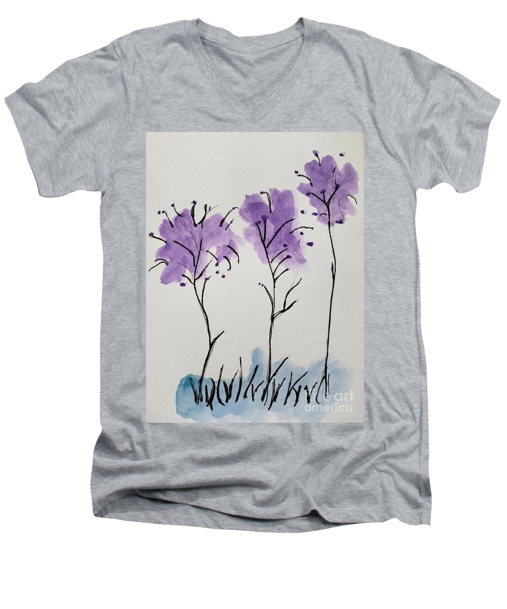  Men's V-Neck T-Shirt featuring the painting Purple Trees by Margaret Welsh Willowsilk