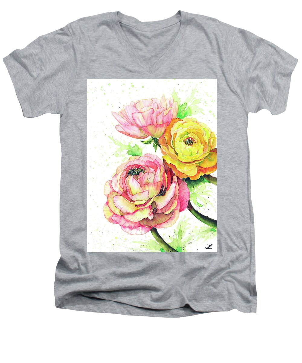 Ranunculus Men's V-Neck T-Shirt featuring the painting Ranunculus Flowers by Zaira Dzhaubaeva