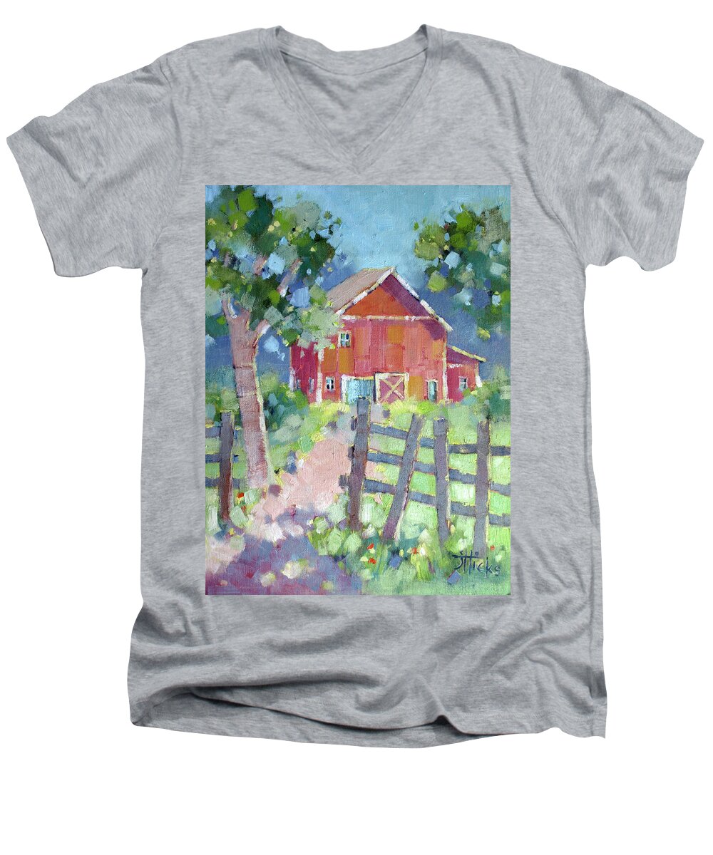 Farm Men's V-Neck T-Shirt featuring the painting Red Barn by Joyce Hicks