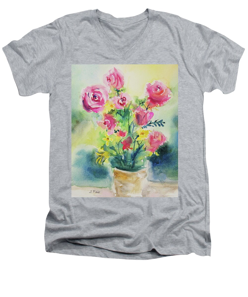 Flowers Men's V-Neck T-Shirt featuring the painting Red Roses by Jerry Fair