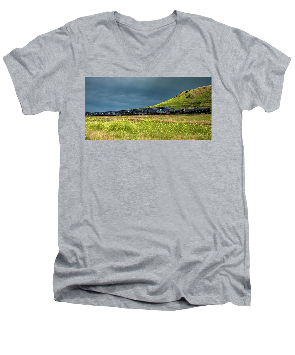 Montana Men's V-Neck T-Shirt featuring the photograph Rollin' On Down The Line by Marcy Wielfaert