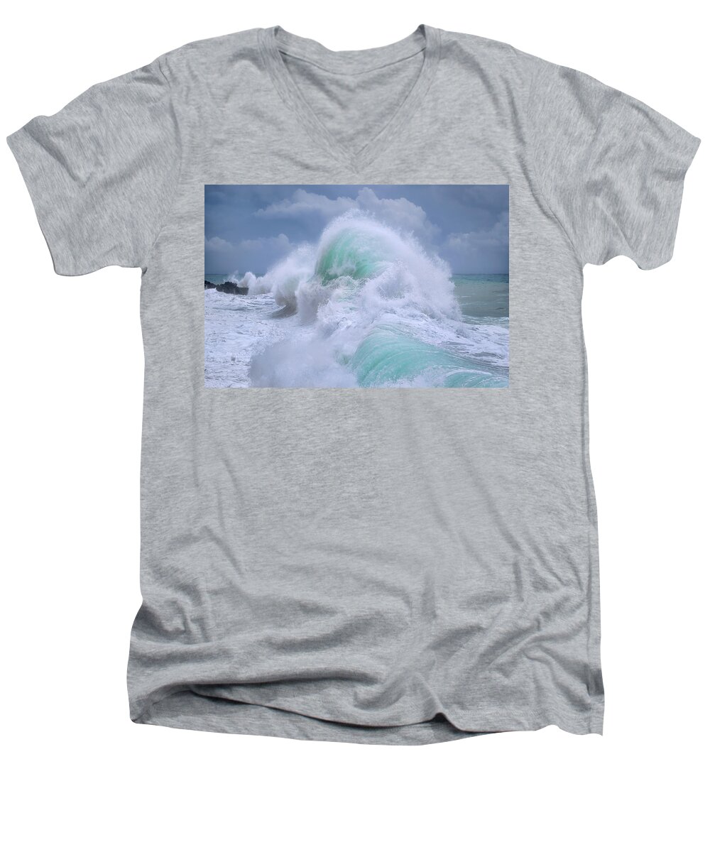 Gift For Beach Enthusiast Men's V-Neck T-Shirt featuring the photograph Rough sea 40 by Giovanni Allievi