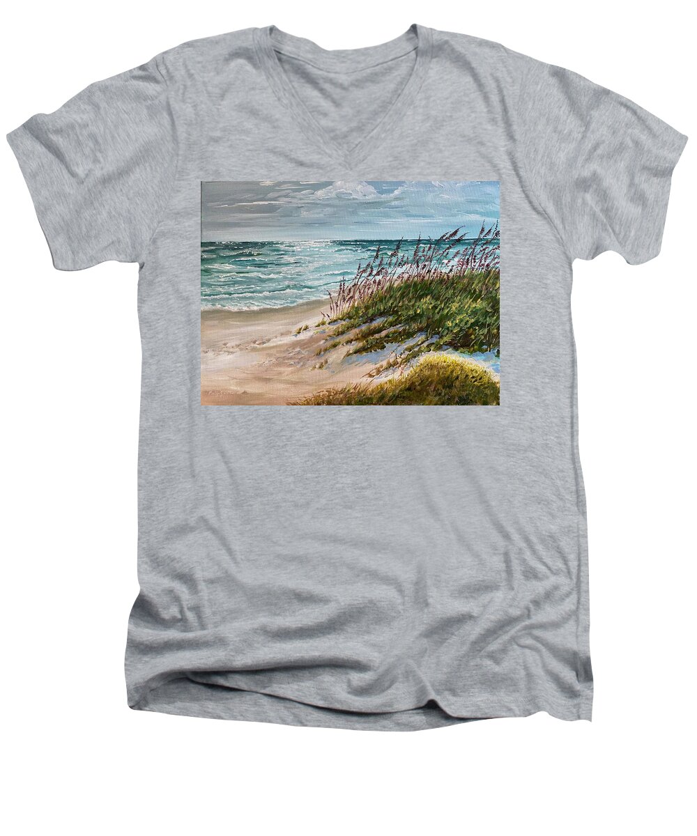 Atlantic Men's V-Neck T-Shirt featuring the painting Sea Oats on the Atlantic by Marilyn Zalatan