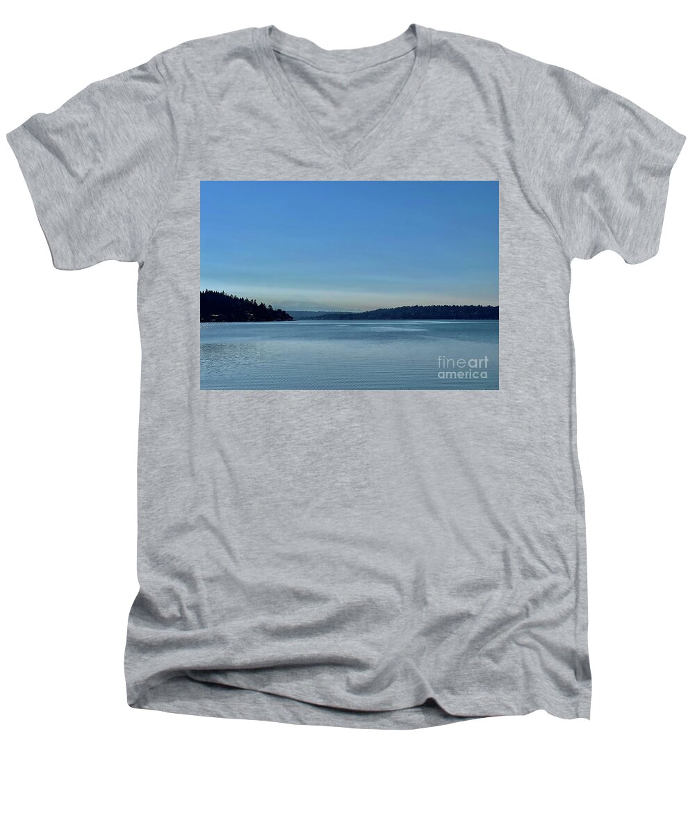 Calm Men's V-Neck T-Shirt featuring the photograph Seattle Blue on Lake Washington, Seattle by Suzanne Lorenz