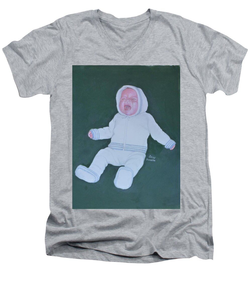 Green. White Men's V-Neck T-Shirt featuring the mixed media Seriously Miffed Infant by Constance DRESCHER