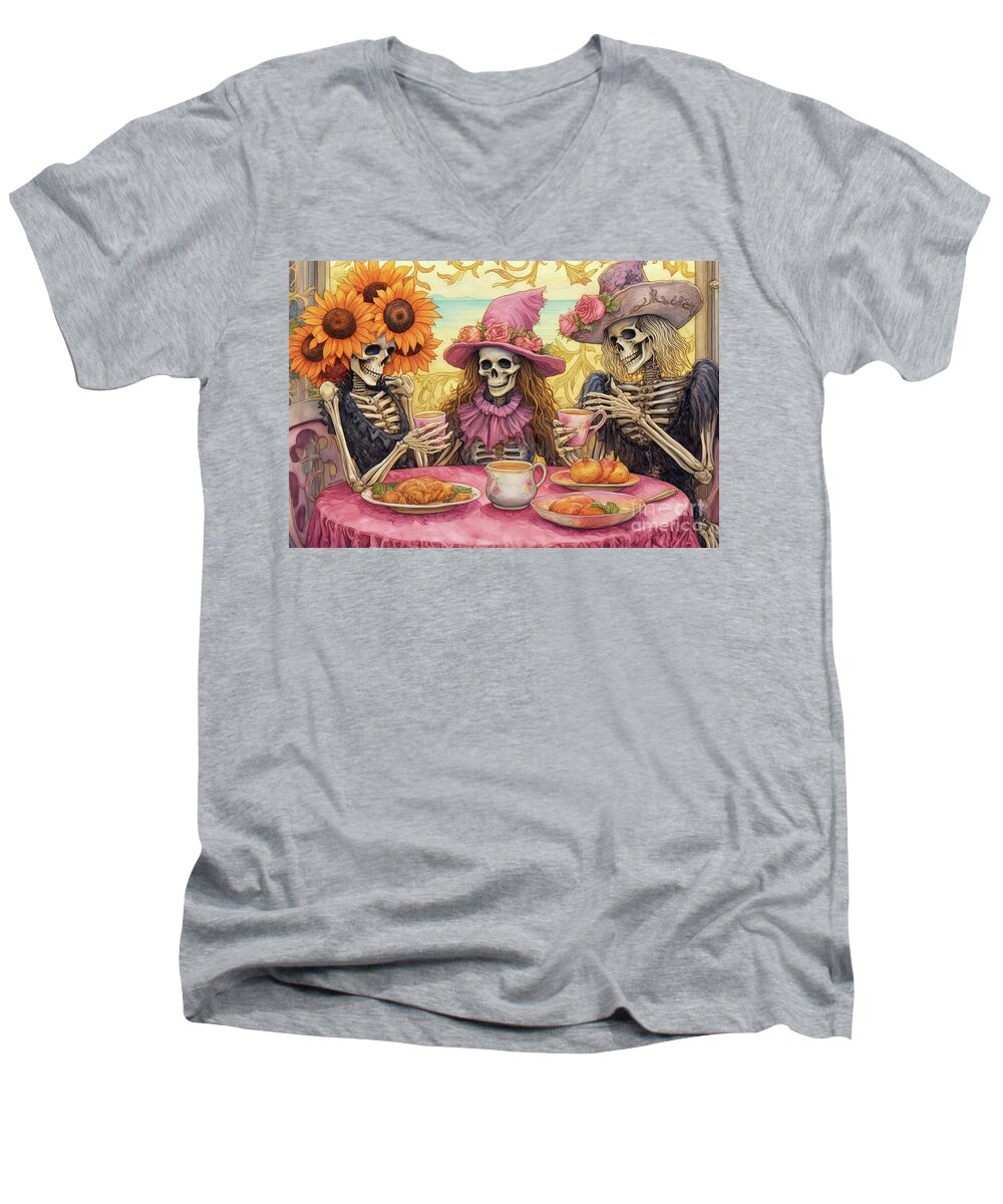 Halloween Men's V-Neck T-Shirt featuring the painting Skeleton Tea Party by Tina LeCour
