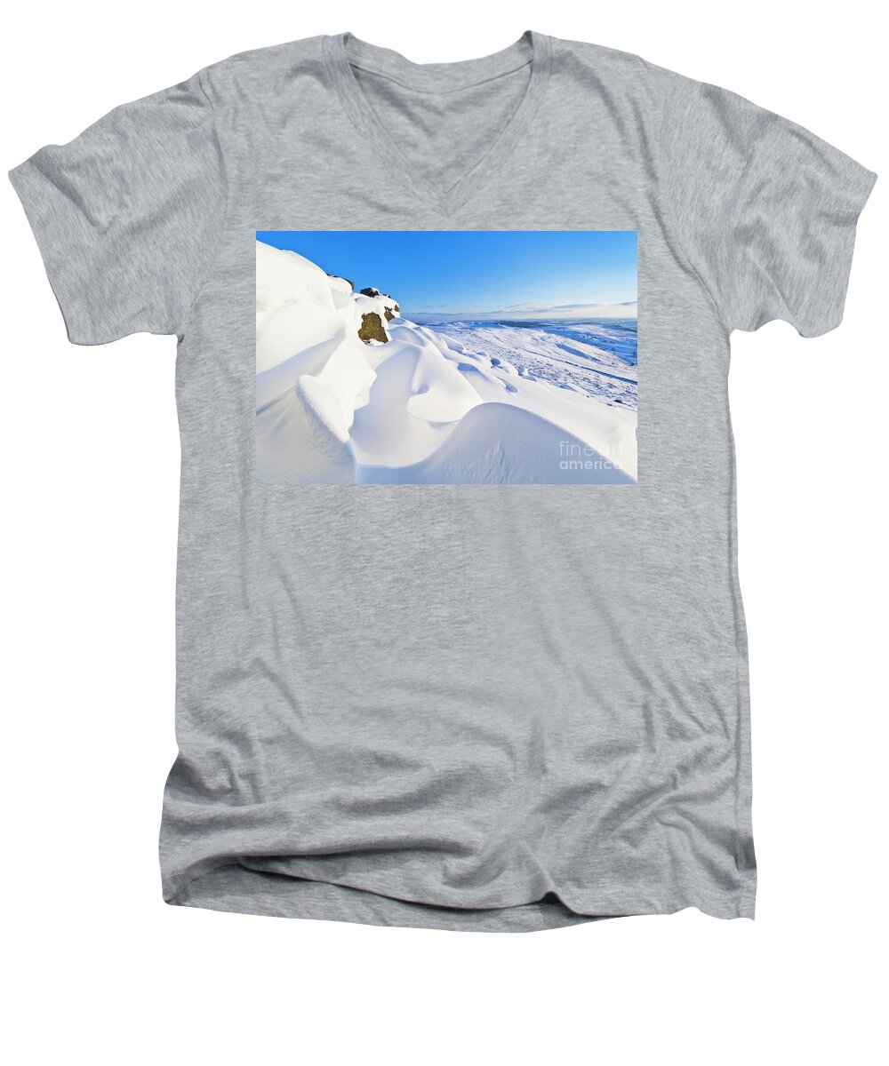 Snow Landscape Men's V-Neck T-Shirt featuring the photograph Snow Drifts on Stanage Edge, Peak District, England by Neale And Judith Clark