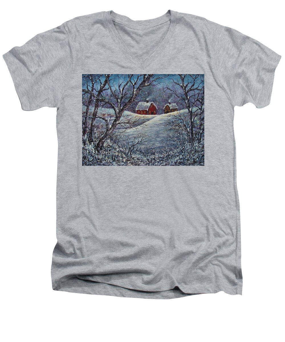 Landscape Men's V-Neck T-Shirt featuring the painting Snowy Day by Natalie Holland