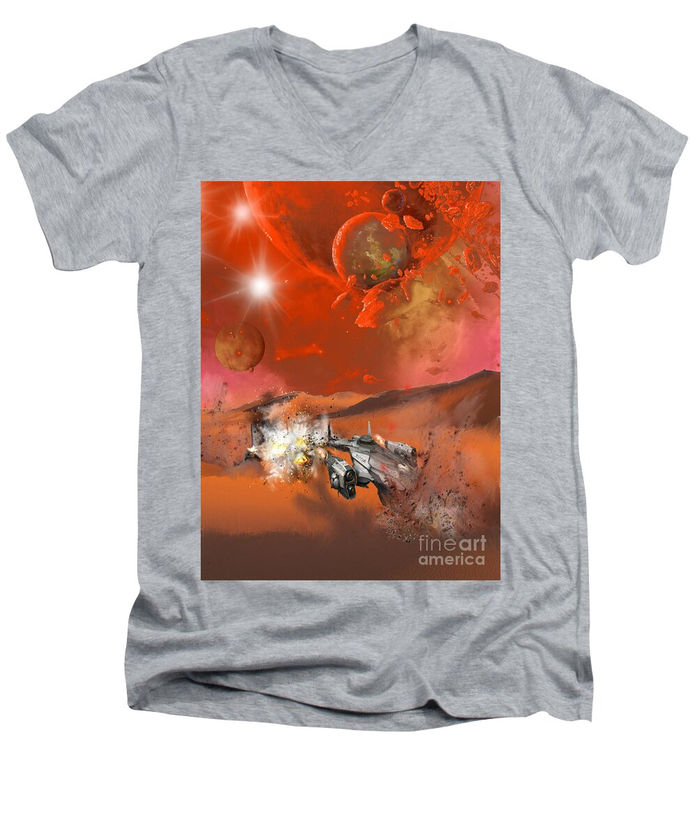 Spaceship Men's V-Neck T-Shirt featuring the digital art Spaceship by Darren Cannell