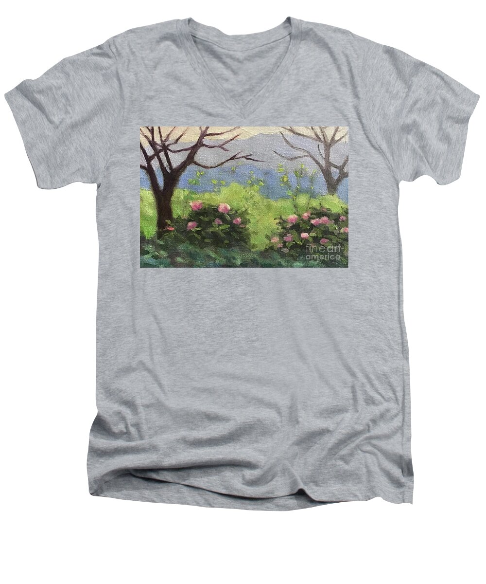 Rhododendron Men's V-Neck T-Shirt featuring the painting Spring on the Mountain by Anne Marie Brown