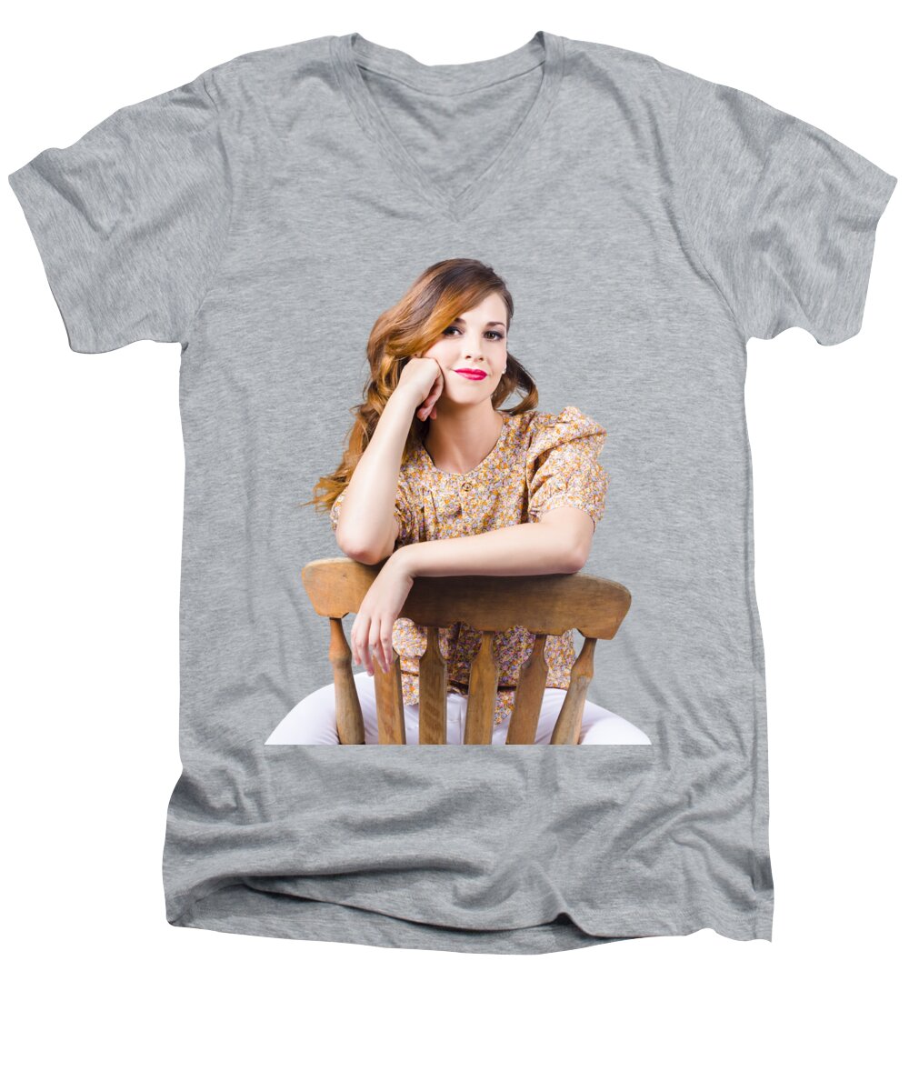 Hairstyles Men's V-Neck T-Shirt featuring the photograph Stylish girl at rest on antique chair by Jorgo Photography