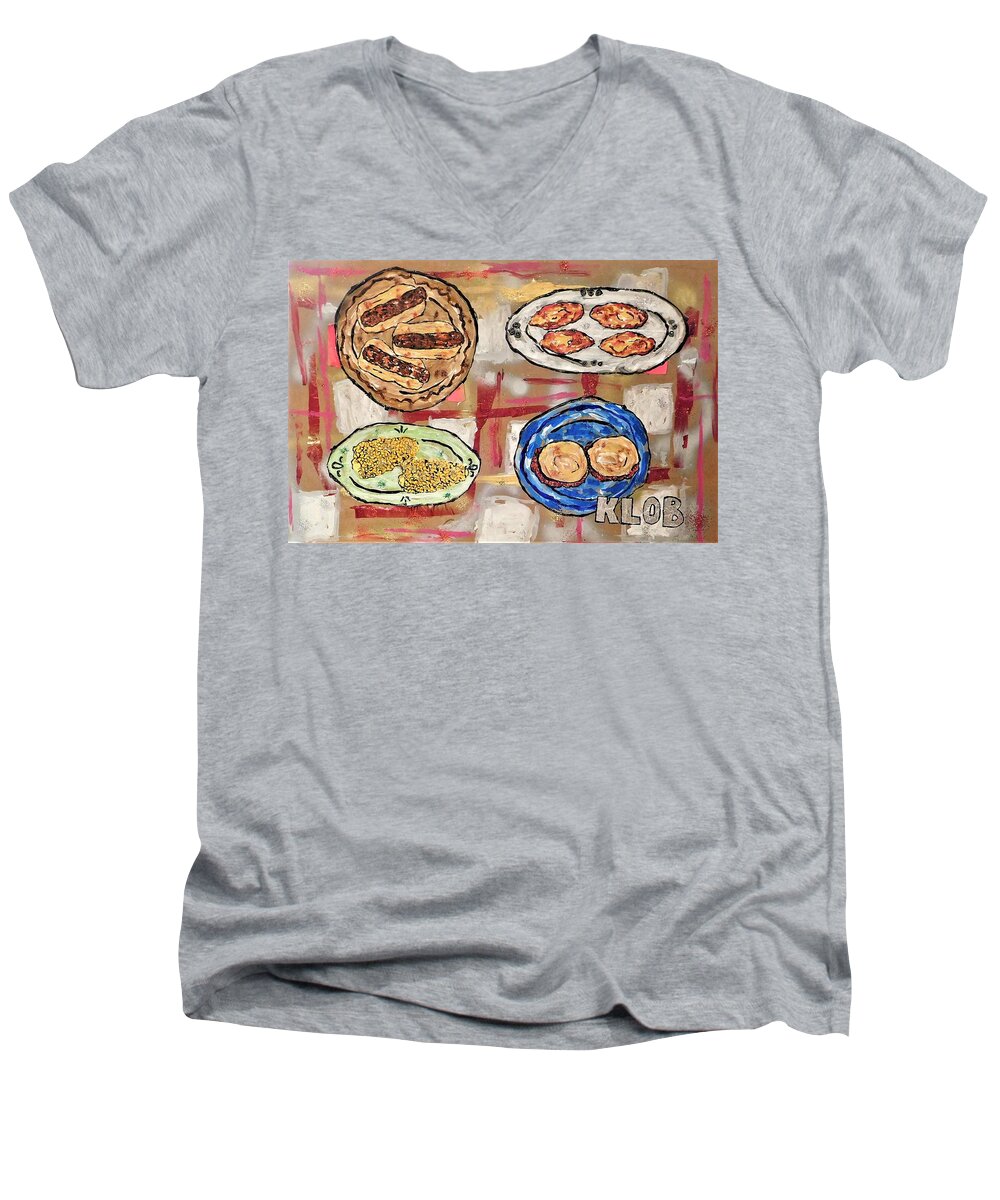 Summer Men's V-Neck T-Shirt featuring the mixed media Summer Suburban BBQ Table by Kevin OBrien