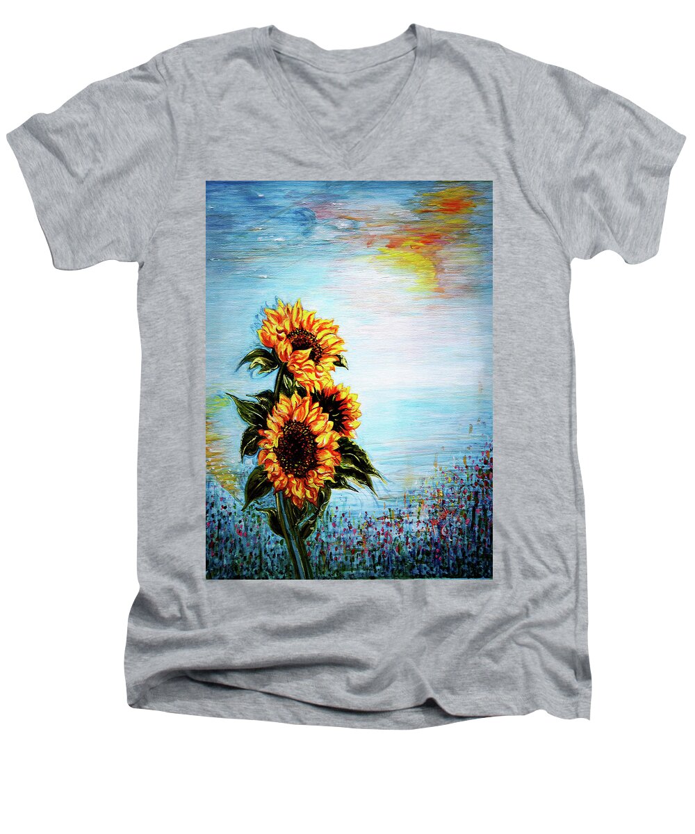 Sunflowers Men's V-Neck T-Shirt featuring the painting Sunflowers - Where Ocean meets the Sky by Harsh Malik