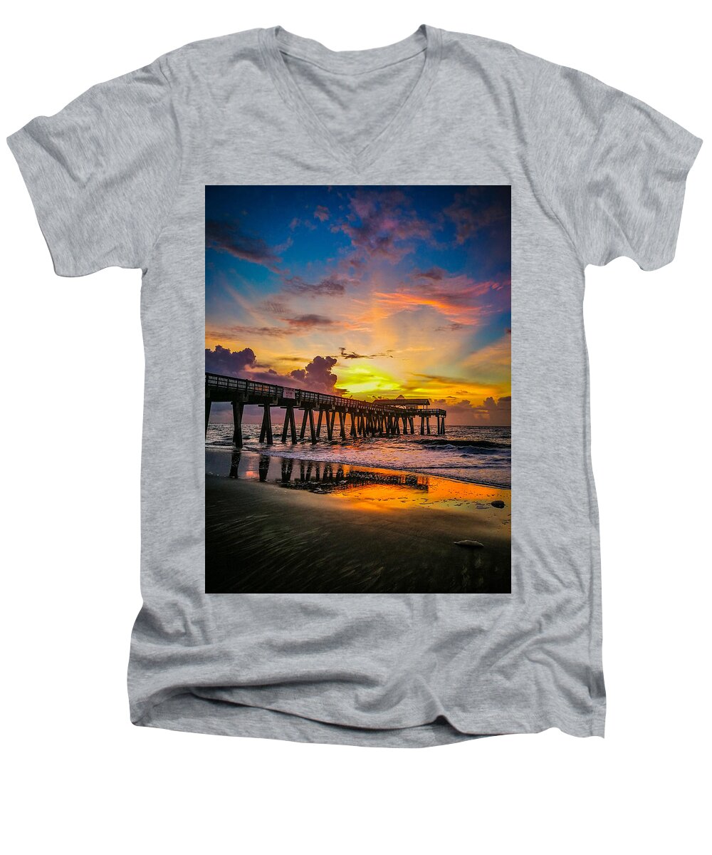 Ocean Men's V-Neck T-Shirt featuring the photograph Sunrise at Tybee Island Beach Pier by Danny Mongosa