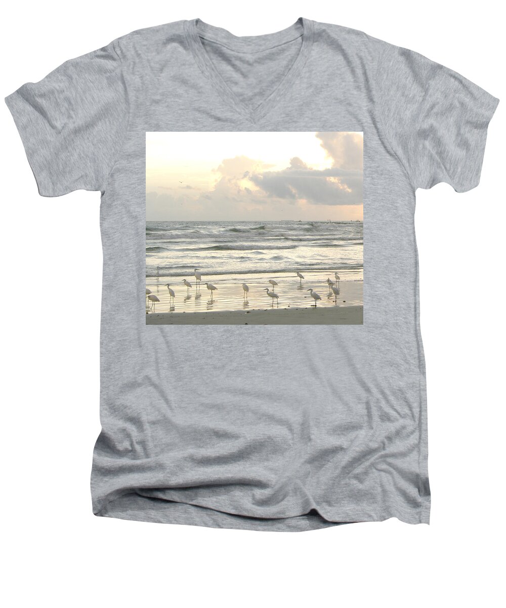 Photography Of Birds Men's V-Neck T-Shirt featuring the photograph Sunrise beach egrets by Julianne Felton