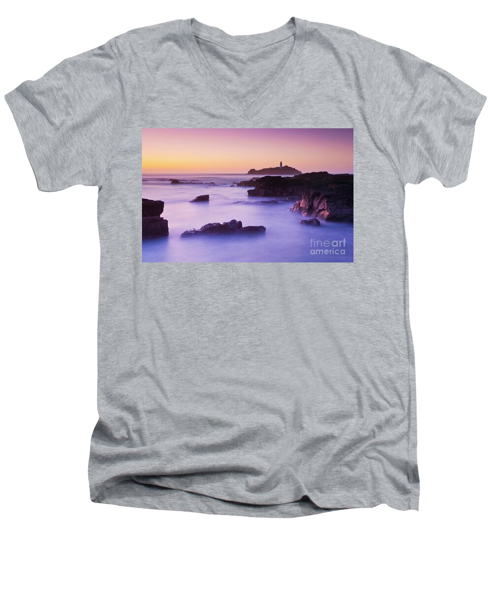 Godrevy Lighthouse Cornwall Men's V-Neck T-Shirt featuring the photograph Sunset at Godrevy lighthouse, Cornwall, England by Neale And Judith Clark