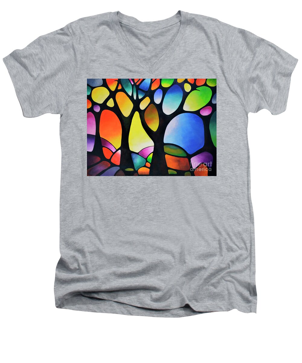 Sunset Trees Men's V-Neck T-Shirt featuring the painting Sunset Trees by Sally Trace by Sally Trace