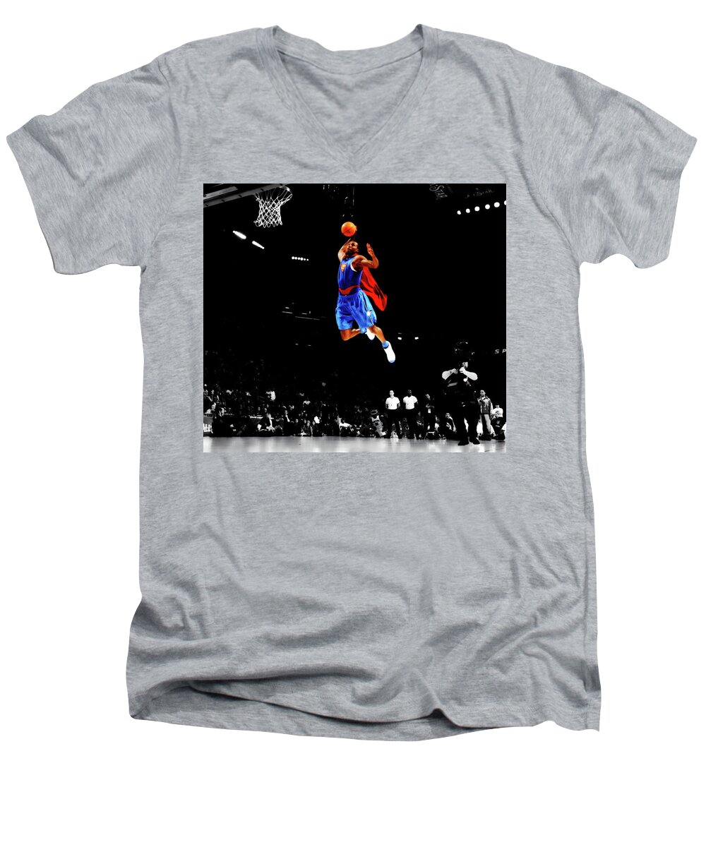 Dwight Howard Men's V-Neck T-Shirt featuring the mixed media Superman Dwight Howard by Brian Reaves