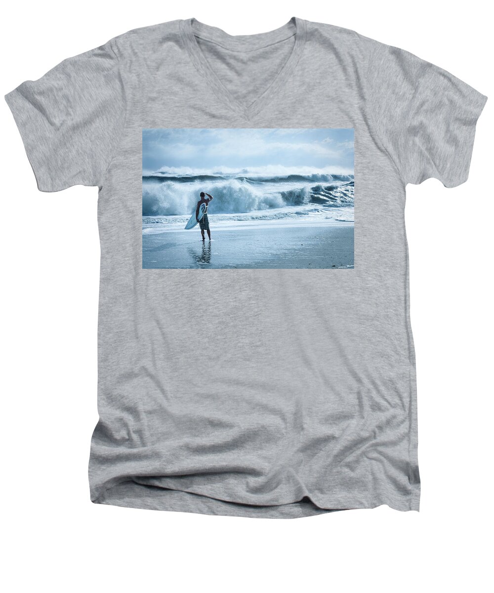 Surfer Men's V-Neck T-Shirt featuring the photograph Surfer Watch by Laura Fasulo