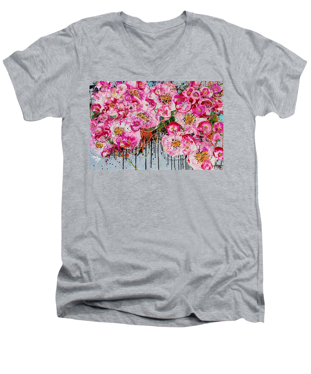 Flowers Men's V-Neck T-Shirt featuring the painting Chillin' in Pink by Angie Wright