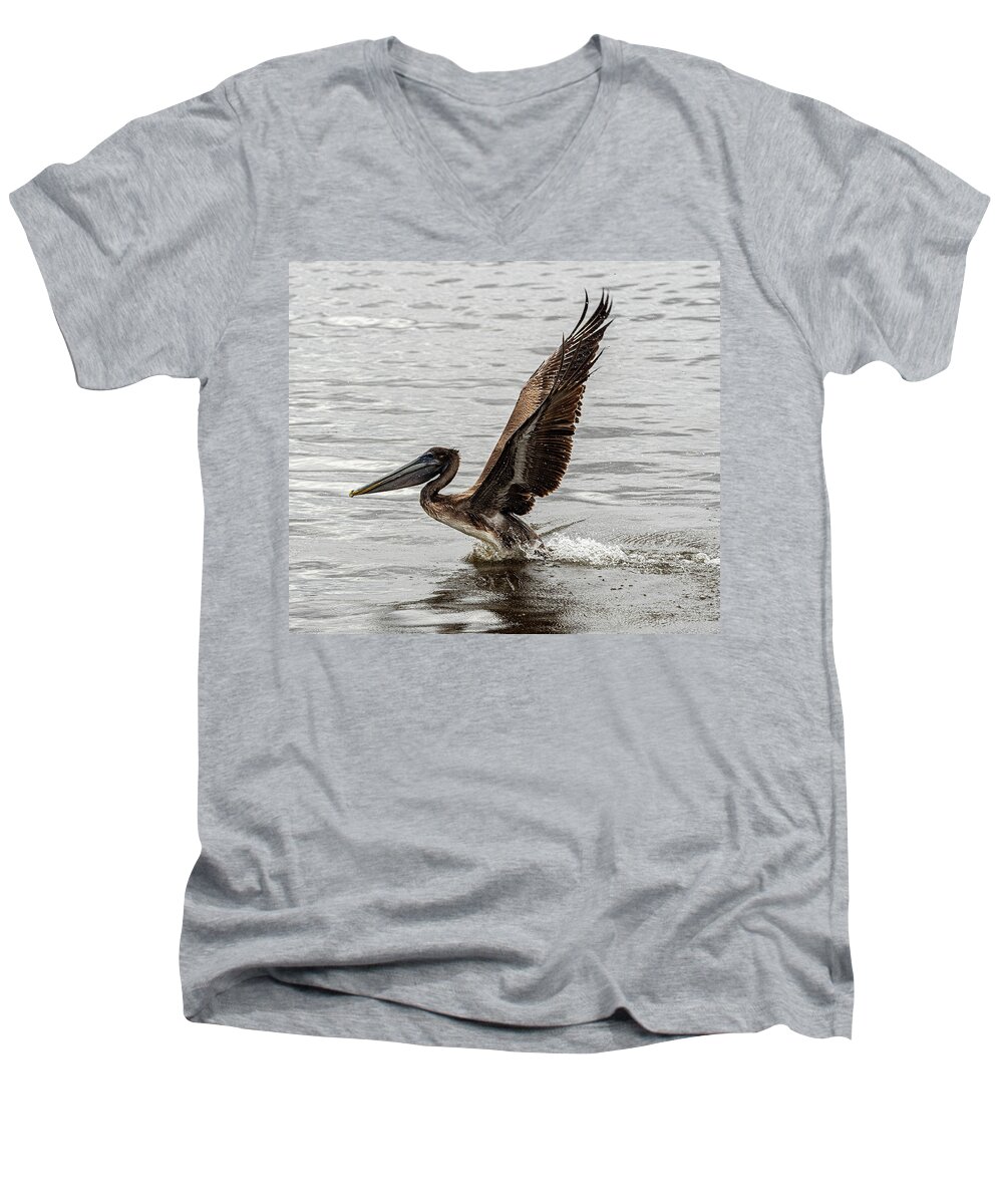 Brown Pelican Men's V-Neck T-Shirt featuring the photograph Take Off 2 by Jerry Connally