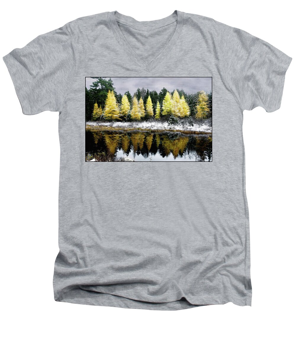 Snow Men's V-Neck T-Shirt featuring the photograph Tamarack Under a Painted Sky by Wayne King