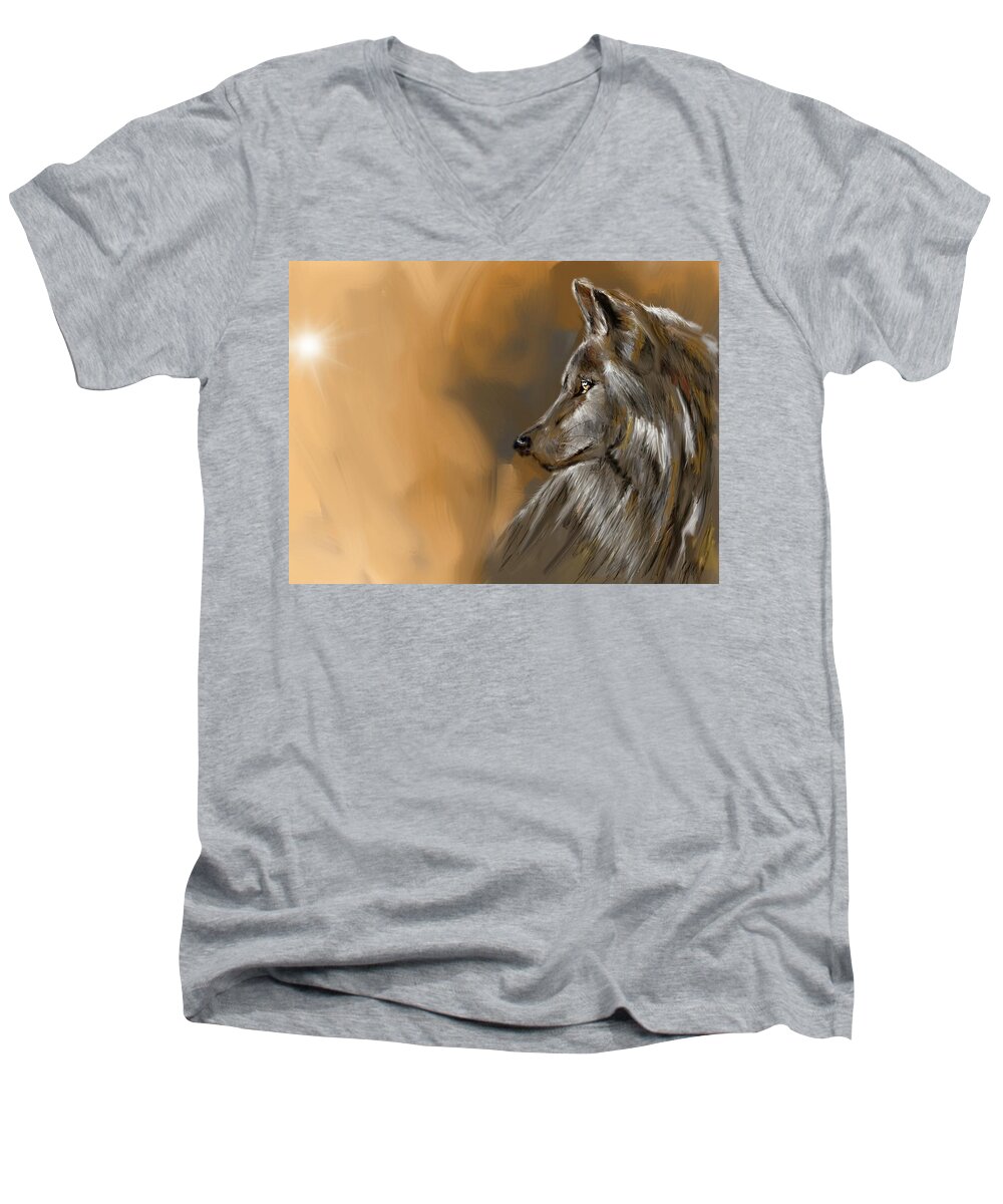 Animal Men's V-Neck T-Shirt featuring the digital art The attentive wolf by Darren Cannell