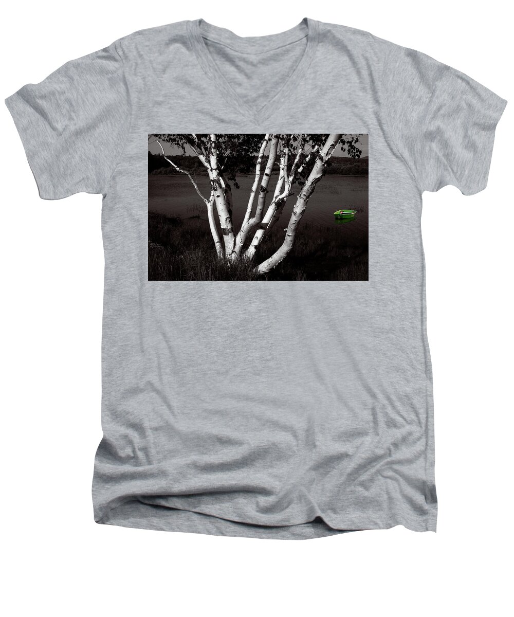 Birch Men's V-Neck T-Shirt featuring the photograph The Birch and the Green Dingy by Wayne King