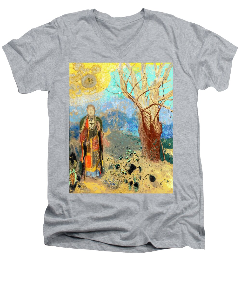 The Buddha Men's V-Neck T-Shirt featuring the painting The Buddha painted by Odilon Redon by Odilon Redon