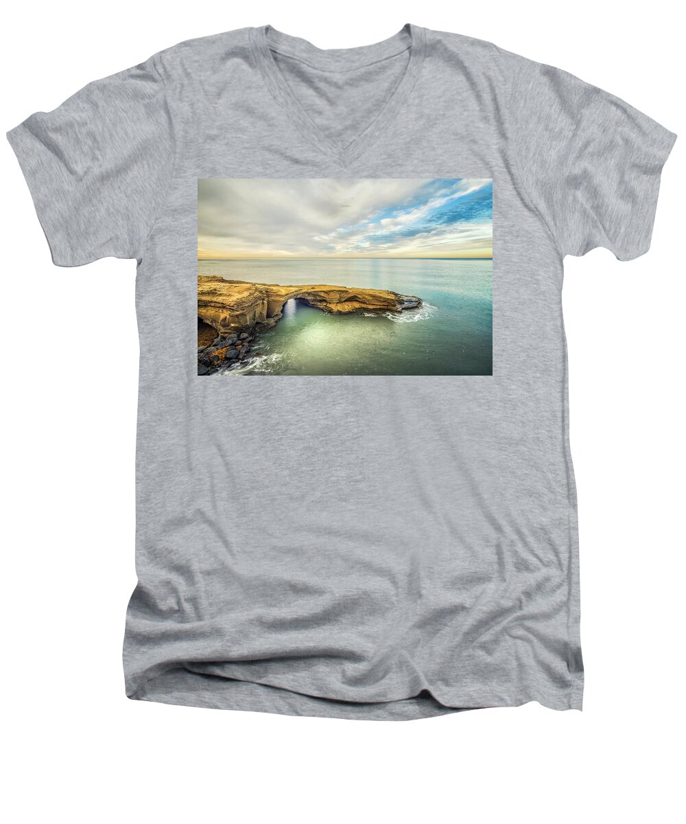 San Diego Men's V-Neck T-Shirt featuring the photograph The Divine Arch Sunset Cliffs Natural Park by Joseph S Giacalone