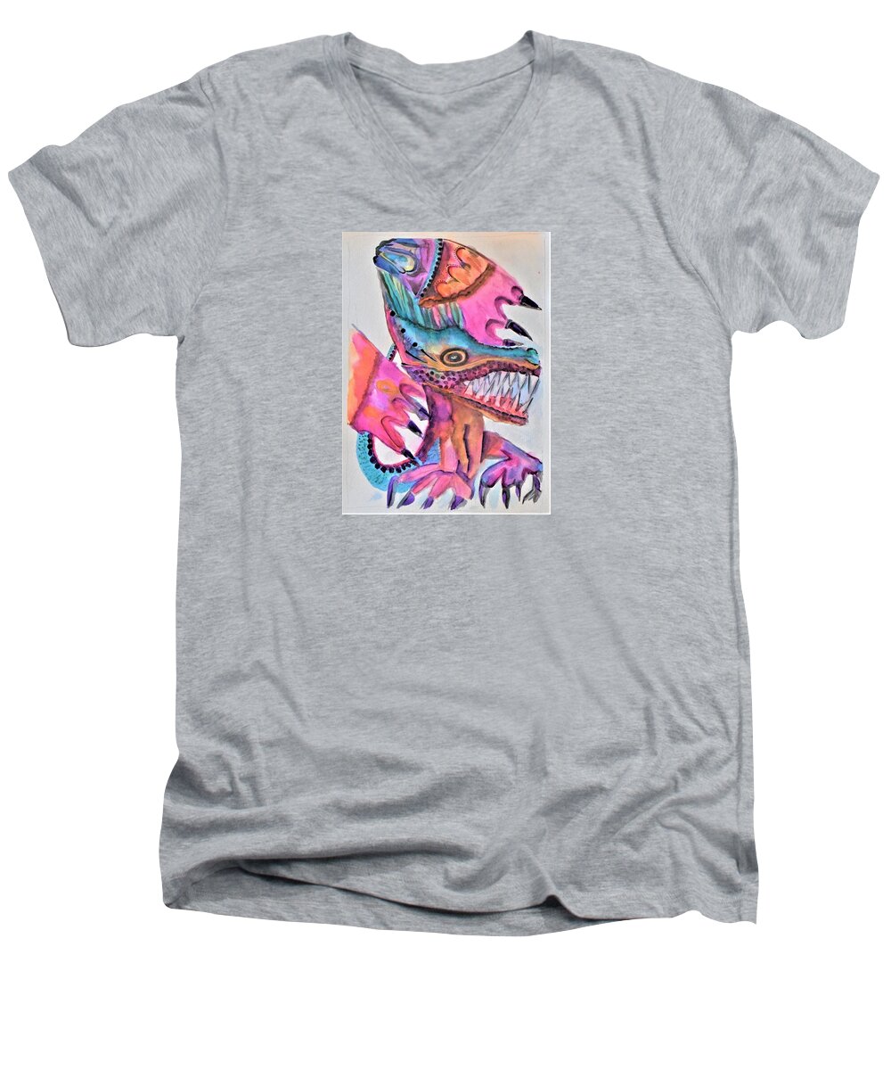 Dragon Men's V-Neck T-Shirt featuring the painting The Dragon of La Cayota by Lisa Dunn