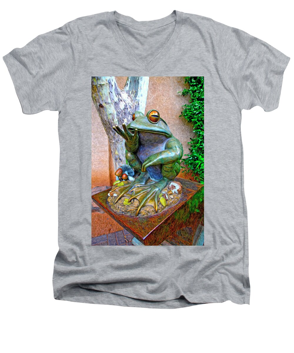 Fine Art Frog Photography. Frog Art. Wall Art Photography. Mixed Media Photography. Mixed Media Note Cards. Mixed Media Greeing Cards. Colord Frogs. Painted Frogs. Wall Art Frogs. Fine Art Frogs. Frogs. Fish. Water. Ponds. Frog Ponds. Water Fountion. Trees. Wall. Men's V-Neck T-Shirt featuring the photograph The Frog by James Steele