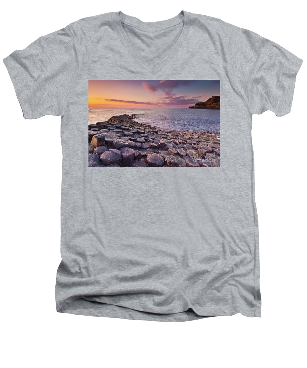 Giants Causeway Men's V-Neck T-Shirt featuring the photograph The Giants Causeway sunset, Northern Ireland by Neale And Judith Clark